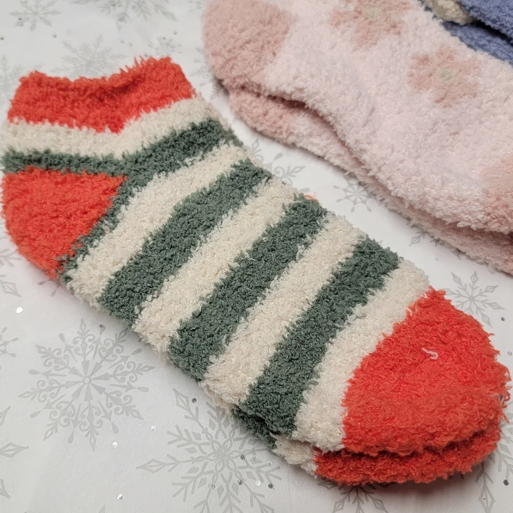 Kid's Cozy Socks Three Pairs of Fuzzy Socks Festive Winter Holiday Stripe Floral